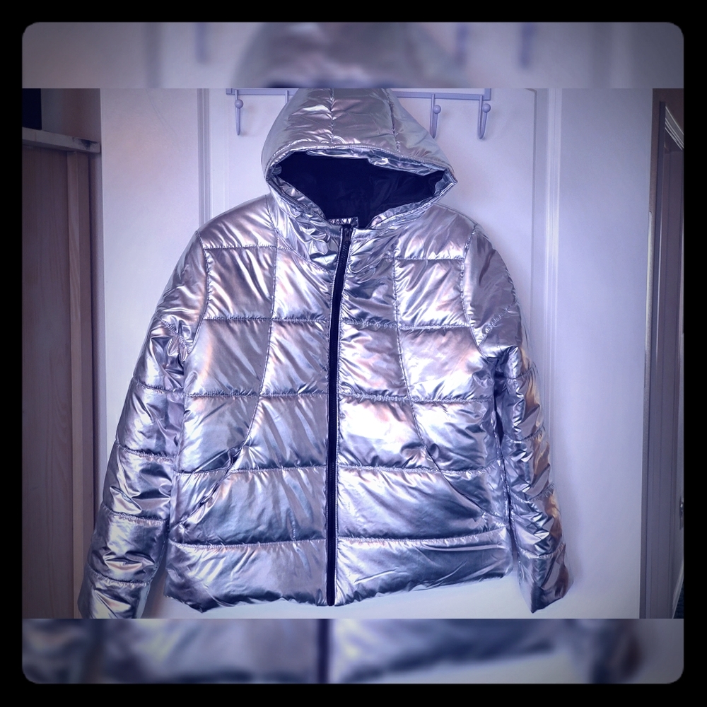 Metallic Silver Puffer Coat, Brand New